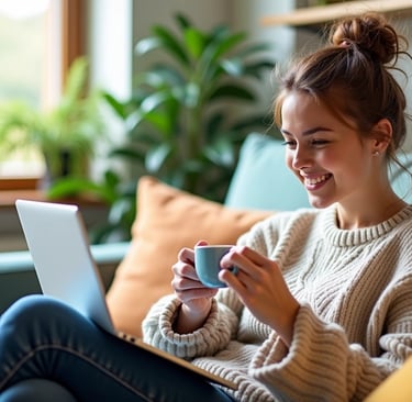 a woman sitting on a couch with a laptop and a cup of coffee