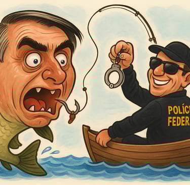 Um imenso peixe com a cabeça igual à de Jair Bolsonaro é pescado por um policial federal em um barco