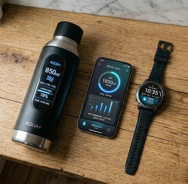 Smart Water Bottle, App and Watch on a wooden counter