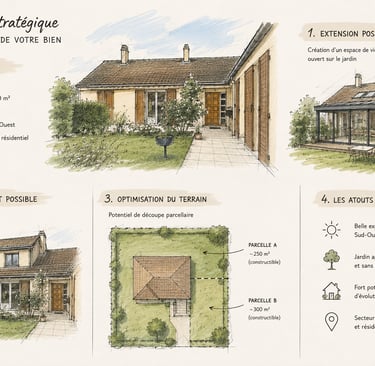 Illustration représentant l'analyse du potentiel d'une maison avant une vente immobilière : surface,