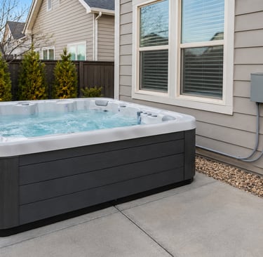 A modern outdoor hot tub with grey siding installed on a backyard concrete patio.