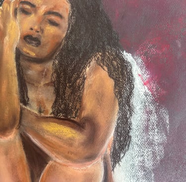 a drawing of a woman with a long dark hair reflecting on life