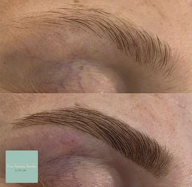A before and after of defined eyebrows
