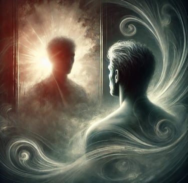 illustration abstraite d'un homme qui rregarde l'ancienne version de lui même à travers un miroir r