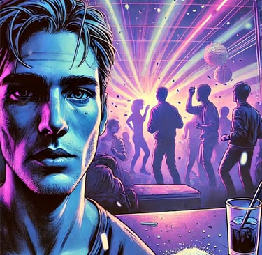 image d'illustration d'un homme en boite de nuit avec un verre et de la cocaine a coté de lui