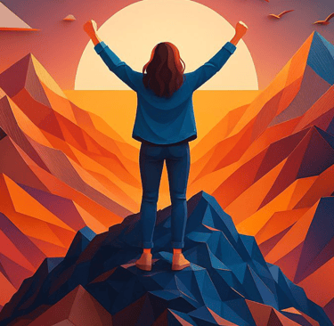 UNe femme en haut d'nue mmontagne levant les bras