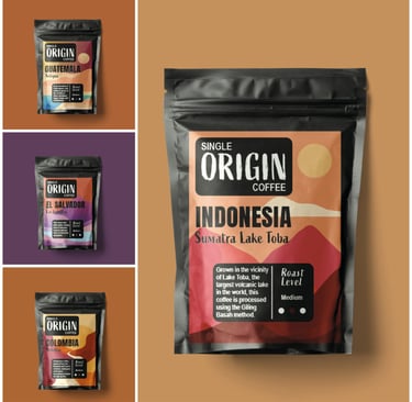 Eco-friendly packaging design for Single Origin Coffee with vibrant branding elements.