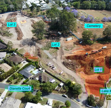 Drone image of the 64 Lake Macdonald Drive site showing how small and unsuitable the site is.