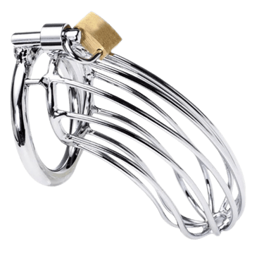 a metal wire male chastity cage with a pad lock
