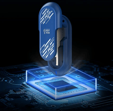 a bule key box open key exposed floating over a blue computer chip that is glowing