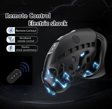 a black chastity cage demonstrating shock feature there is a remote to shock from a distance