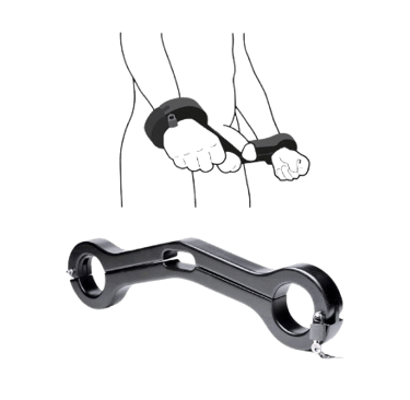 black fetish cuffs that can lock in front of a male with his penis through the middle