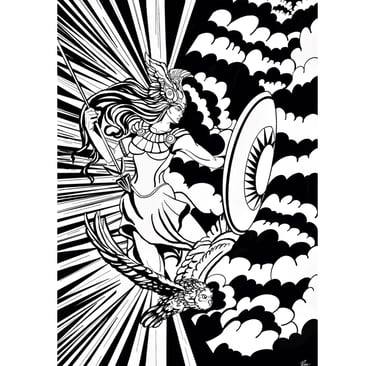 Dessin digital Athéna la guerrière en noir et blanc 