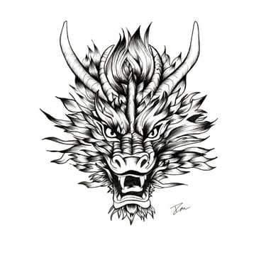 Dessin à l'encre de chine d'une tête de dragon 
