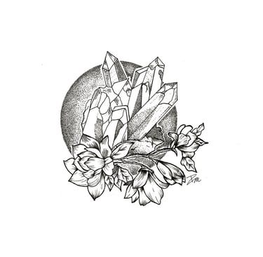 Dessin à l'encre de Chine  de cristaux et de fleurs en pointillisme