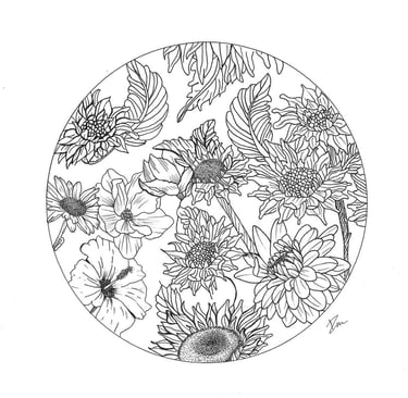 Dessin à l'encre de Chine de fleurs dans un rond