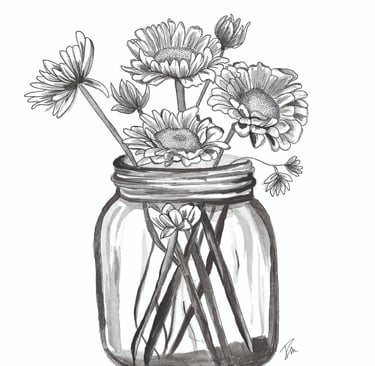 Dessin à l'encre de Chine  d'un vase avec des fleurs 