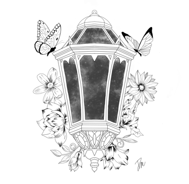 Dessin digital  lanterne papillons et fleurs