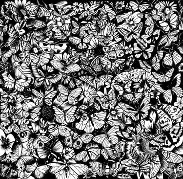 Dessin à l'encre de Chine de papillons sur des fleurs en noir et blanc
