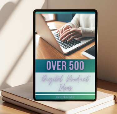 A tablet displaying the "Over 500 digital product ideas" ebook, placed on a stack of books