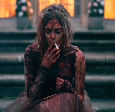 Grace from Ready or Not escaping her in-laws in a blood-soaked wedding dress