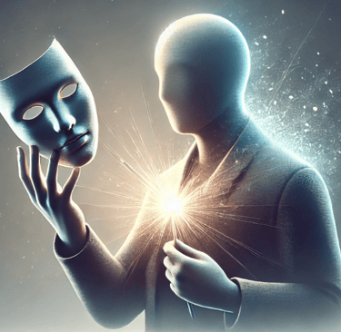 Un masque craqué symbolisant la personnalité imposteur et la libération émotionnelle