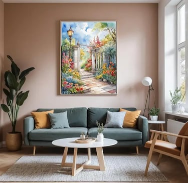 a living room with a couch and a painting