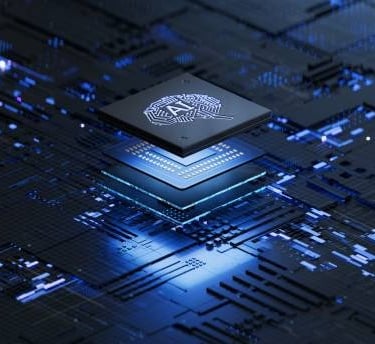 cpu chip with ai brain printed on it in the midst of a black dimly lit motherboard