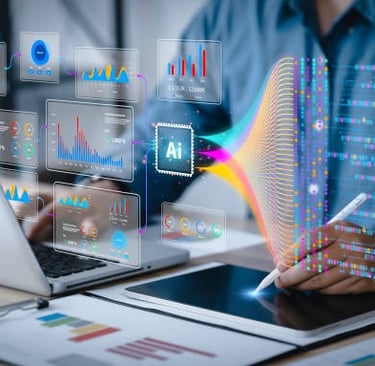 A man using multiple ai tools and holograms to work