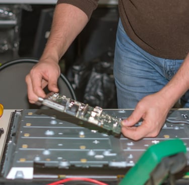 a man is holding a piece of electronic equipment