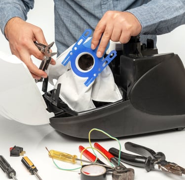 a man is holding a blue bag of tools