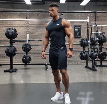 Flat lay of gym-ready apparel including a white performance tee and matching shorts on a clean white surface.