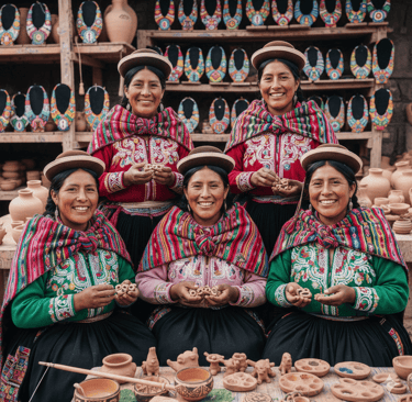 Mujeres Peruana, mostrando joyas a base de cerámica hechas a mano