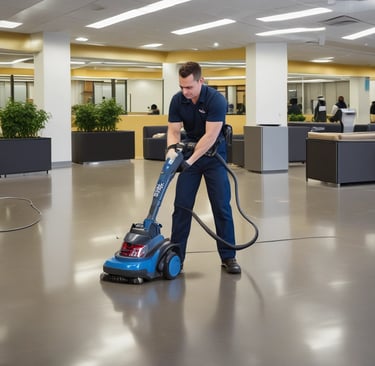 Team members of Cnet Propreté cleaning ski lodge windows with snowy alpine mountains in the background.