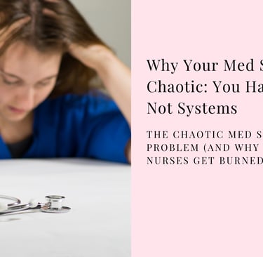 Stressed nurse in blue scrubs with a stethoscope, illustrating med spa burnout and chaotic management.