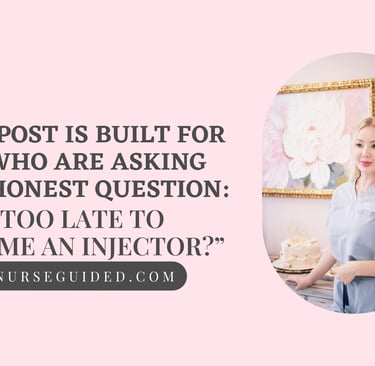 Blonde nurse injector standing next to a floral painting with career advice for RNs wanting to start aesthetic training.