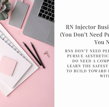 Flat lay of office supplies on a pink desk with text about RN injector business basics for aesthetics.