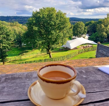 Enjoying coffee looking at the green rolling hills