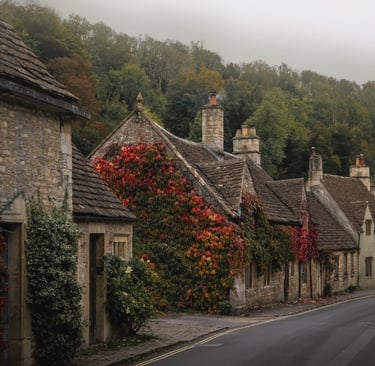 Out of a scene Midsummer nights Cotswolds Cotswolds with chimney smoke