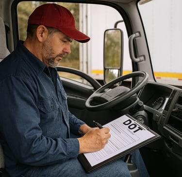 Box truck driver completing DOT paperwork for federal logistics compliance