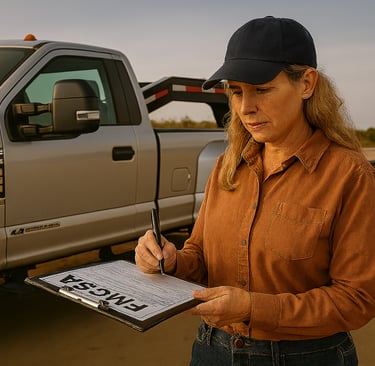 Hotshot truck with gooseneck trailer preparing FMCSA compliance paperwork