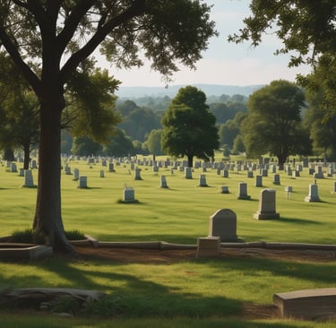 A peaceful view of the gently rolling grassy slope at Adath Jeshurun Cemetery, framed by mature trees under a soft afternoon sky.