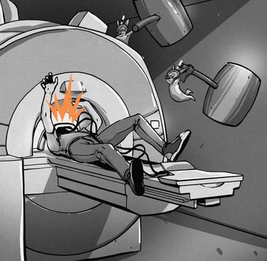 funny cartoon of a man going in an MRI machine