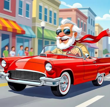 cartoon image of red car with older man driving
