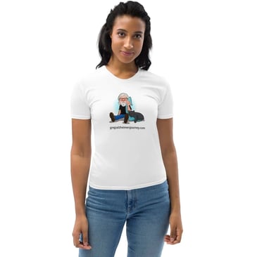female model wearing white tee shirt with Crazy Cat man logo