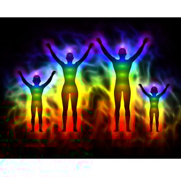 Chakra energy flowing - backs of a family with raised arms..