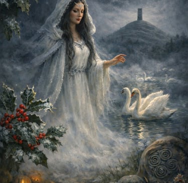 Caer Ibormeith arriving at Samhain beneath a new moon, guarded by holly and swans at the threshold of dream and slumber.
