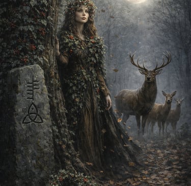 Holly Queen under a full moon at Samhain