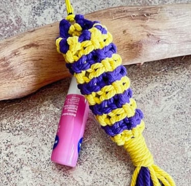 chapstick holder in bright yellow and purple colours unique and handmade