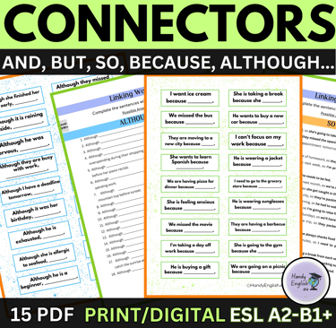 Connectors/Linking Words Worksheets and Speaking cards